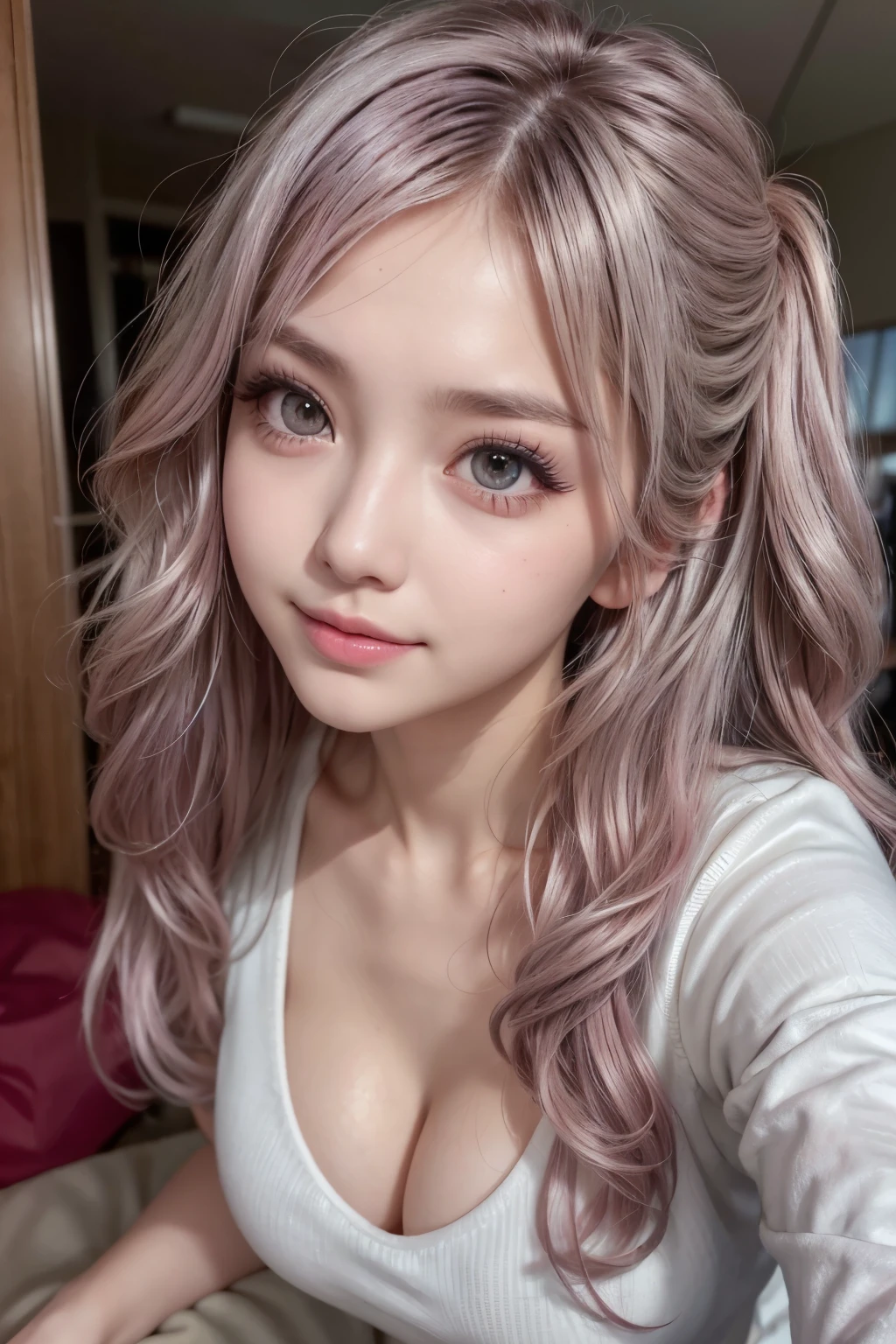 masterpiece, 8k, photo realistic , realistic , 非常に Details, super high res, ///1 person, most beautiful, 20 years old , ( sexy, Japanese idol with long eyelashes), (Gray Hair:1.2),/// Human Details Shiny Skin , Detailsな肌 , Beautifully Details face, RAW photo, ( top quality , Details:1.3), top quality , (非常に Detailsな), ハイパー Details, (繊細で Detailsな), (複雑な Details), (Cinematic Light, top quality Backlights), Clear lines, soft Light, mysterious in another dimension, Magic Looking , soft, ( face best quality), curly hair 、 slender , Candid Impressions of Girls , Firm and shapely breasts, beautiful skin, cleavage when lying down, whole body, perfect body,,, Particles of light, cute face, Japanese high school girls , , upper body photo, She narrowed her eyes、 looks at me while smiling shyly , 美しく Detailsな目の絵, (Droopy eyes:1.3), dark eyes, thin eyebrows, Draw eyelashes carefully, gal makeup, (pink silver wavy hair, medium hair up to buttocks, Middle Part :1.3), ( hidden eyelid crease slightly to the side:1.3), Wearing a clean white button-up shirt., short pleated skirt with grey plaid, Angle taken from below, school classroom