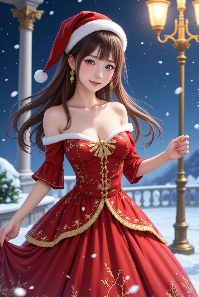  8k, Photorealistic,
masterpiece, absurd, high resolution, super detailed, anime illustlation,Elegant Santa girl wearing a luxurious Christmas-colored gown at a grand ball. Snowflake patterns in calligraphy-style curves embellish her dress, with glittering gold accents. A starry night sky sets the magical backdrop.
