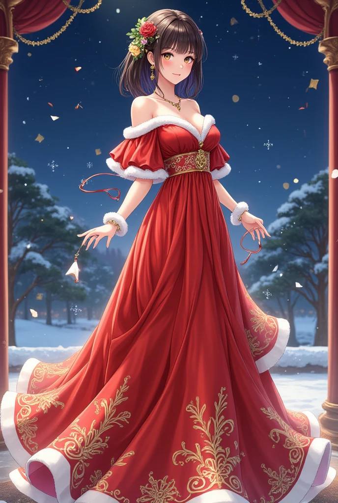  8k, Photorealistic,
masterpiece, absurd, high resolution, super detailed, anime illustlation,Elegant Santa girl wearing a luxurious Christmas-colored gown at a grand ball. Snowflake patterns in calligraphy-style curves embellish her dress, with glittering gold accents. A starry night sky sets the magical backdrop.
