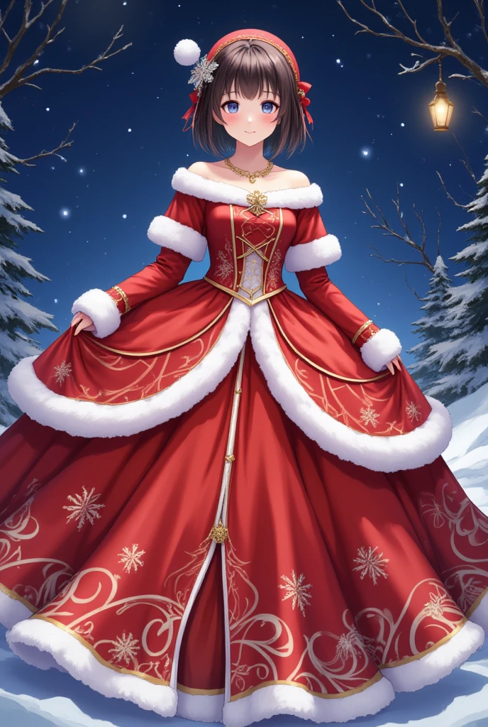  8k, Photorealistic,
masterpiece, absurd, high resolution, super detailed, anime illustlation,Elegant Santa girl wearing a luxurious Christmas-colored gown at a grand ball. Snowflake patterns in calligraphy-style curves embellish her dress, with glittering gold accents. A starry night sky sets the magical backdrop.
