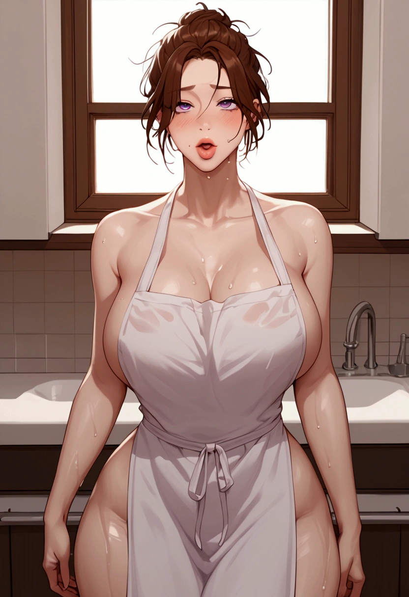 score_9, score_8_up, score_7_up, score_6_up, score_9, score_8_up, score_7_up, score_6_up, masterpiece, high quality, (best quality:1.1),  source_anime, anime , animated ,milf, alluring mommy, mature woman, seductive body, erotic body, enticing body, simple,  cartoon, blush, horny , 1girl, perfect lips, thick thighs, wide hips, perfect lips, perfect huge breasts, wide hips, sexy naked apron outfit, sexy ahegao, hotel , standing front windows , looking viewer, photoshoot, wet, glowing, sweaty ,Expressive, single hair bun, bangs, messy hair,brown hair,Purple Eyes