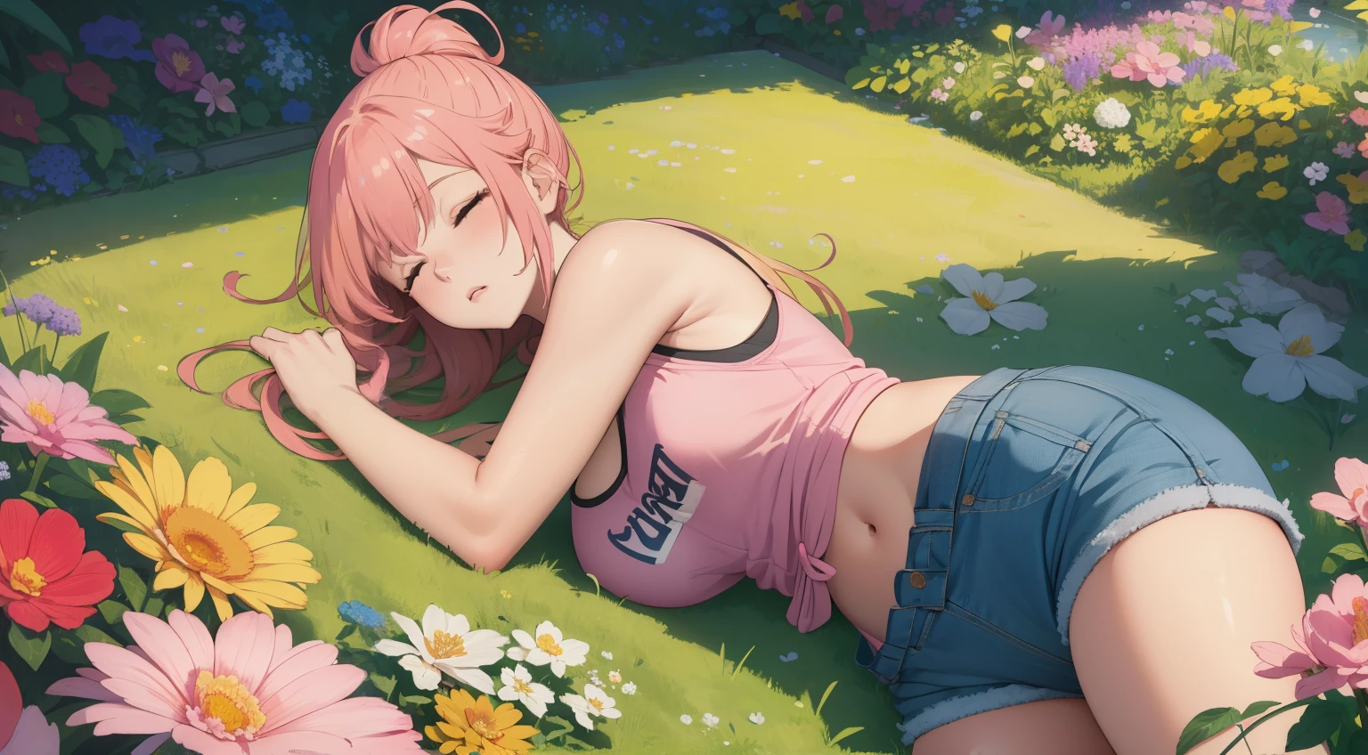 "A wide-angle, top-down view of a woman peacefully sleeping in the middle of a vast and vibrant flower garden. She is surrounded by an ocean of colorful blossoms—pinks, purples, yellows, and whites—that stretch out in every direction, creating a breathtakingly magical landscape. The woman lies relaxed with her blonde-red hair tied back, wearing a pink tank top, denim shorts, and white sneakers, with a plaid flannel shirt tied casually around her waist. The sunlight bathes the scene in a soft, golden glow, casting subtle shadows and highlighting the intricate details of the flowers. The expansive perspective captures not only her tranquil pose but also the sheer beauty and wonder of the endless garden, evoking a sense of peace and enchantment."