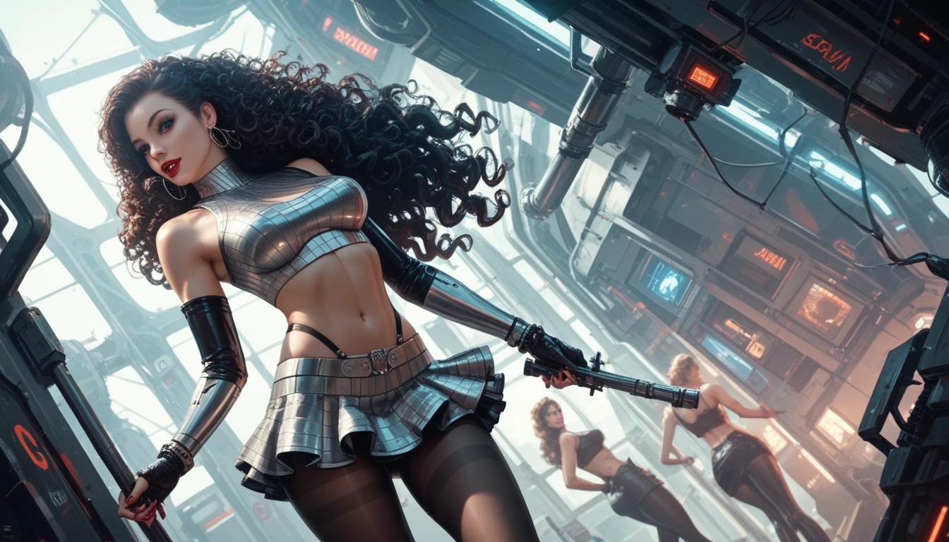 there is a woman standing in front of a giant robot, larry macdougall, gilded lotus princess, cinemascope panorama, berkey, an ultrafine detailed painting, steve oliff, protagonist in foreground, mark simonetti, barbarella, matriarchy, orange hue, 2070s --auto --s2