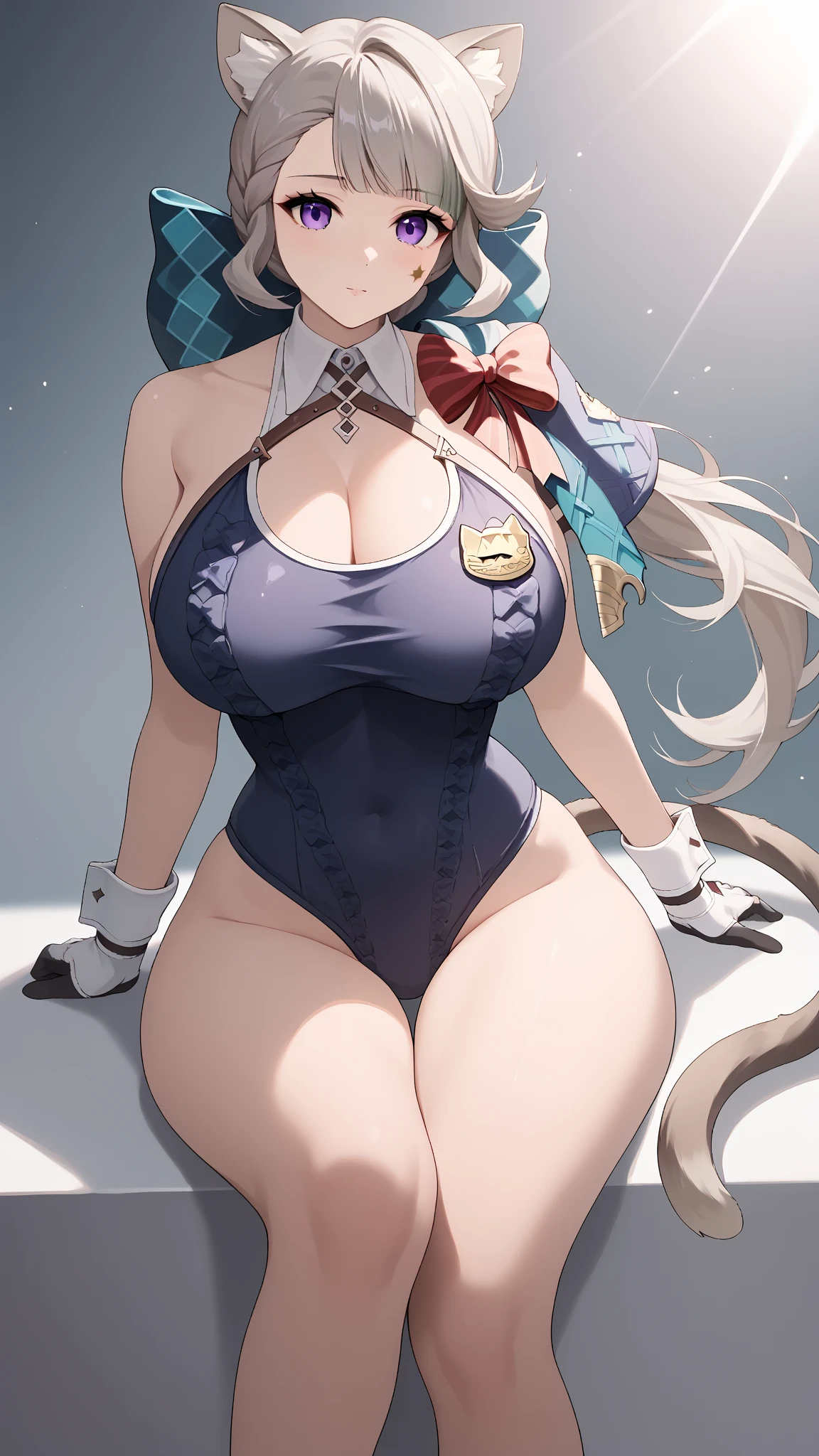 ((((1girl)))), (((cute swimsuit))), ((sexy pose)), (huge breasts, big butt, wide hips), lynettedef, purple eyes, grey hair, long hair, braid, animal ears, animal ear fluff, cat girl, star \(symbol\, hair bow, cat tail, intricate detail, hyper-anime, trending on artstation, 8k, stunning shading, anime, highly detailed, realistic, dramatic lighting, beautiful, animation, sharp focus, award winning, masterpiece, cinematic, dynamic, cinematic lighting, breathtaking, exquisite, great attention to skin and eyes, exceptional, exemplary, unsurpassed, viral, popular, buzzworthy, up-and-coming, emerging, promising, acclaimed, premium, seductive look, 