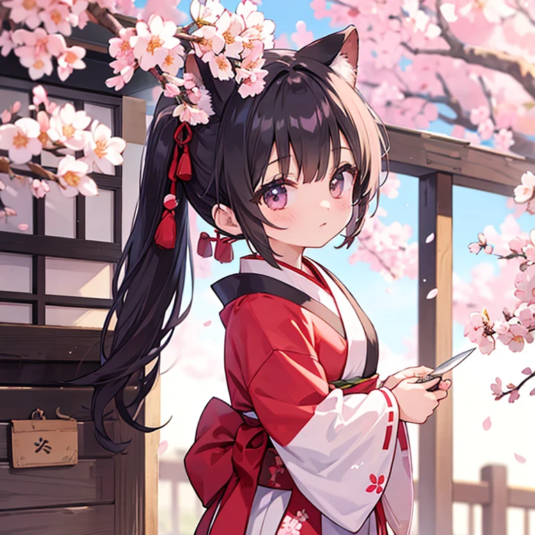  girl　 long twin tail　 Japanese Knife 　cherry blossoms　