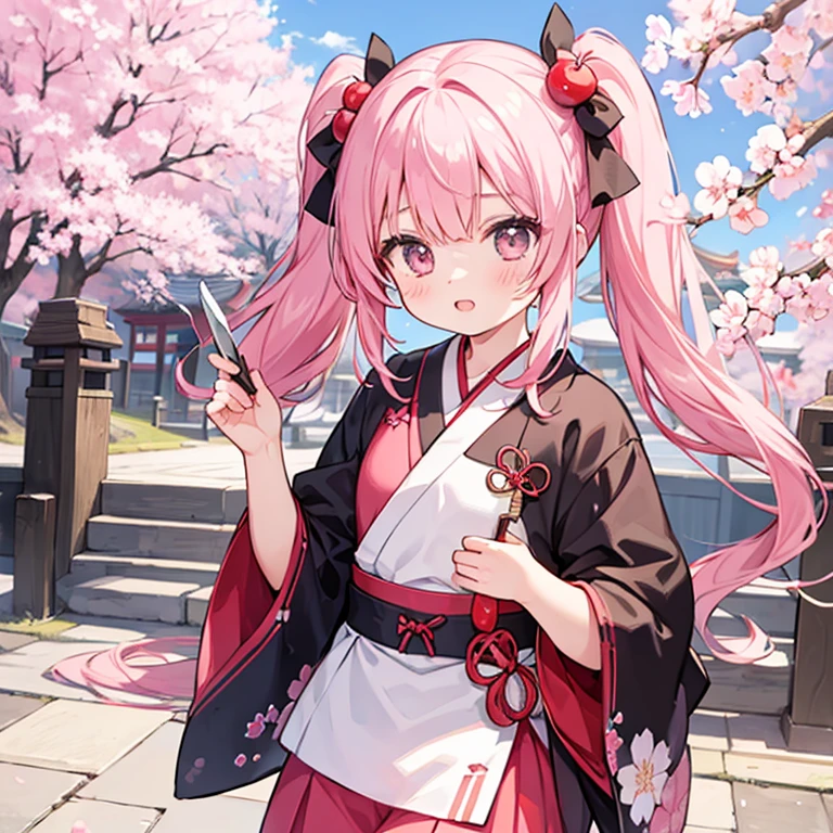 Young girl　 long twin tail　 Japanese Knife 　cherry blossoms　