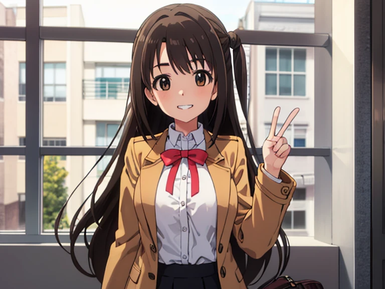 1人の女の子, ソロ, masterpiece, best quality, hyper detailed, beautiful, highres, woman, glad, cheerful grin, standing, making a peace sign, looking at viewer, long hair, side tail, straight hair, brown hair, brown eyes, big eyes, tall, slim, beautiful breasts, long sleeves, coat, mini skirt, hair ribbon, 30-year-old, inside, with a window, in the afternoon, cute, beautiful, upper body, ヘアゴム, 