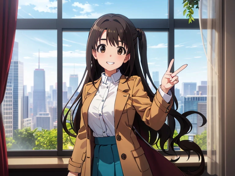 1人の女の子, ソロ, masterpiece, best quality, hyper detailed, beautiful, highres, woman, glad, cheerful grin, standing, making a peace sign, looking at viewer, long hair, side tail, straight hair, brown hair, brown eyes, big eyes, tall, slim, beautiful breasts, long sleeves, coat, mini skirt, hair ribbon, 30-year-old, inside, with a window, in the afternoon, cute, beautiful, upper body, ヘアゴム, 