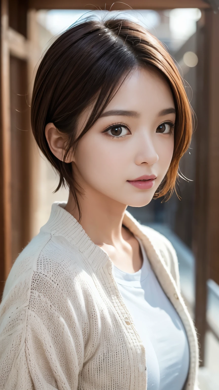  cute 21-year-old Japanese 、 Super Detailed Face 、 pay attention to details 、 double eyelids in judo uniforms、 beautiful thin noses、 Sharp Focus:1.2、 beautiful women:1.4、( light brown hair, Shorthair、),Pure white skin、 top quality 、masterpiece、 super high res、( Photorealistic:1.4)、Light from outside、Laughter、Pay attention to Pinaphore 、corridor、Cute Winter Clothes、