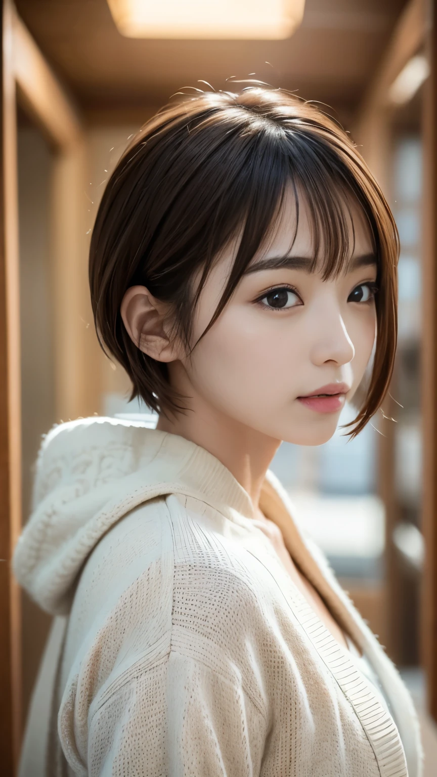  cute 21-year-old Japanese 、 Super Detailed Face 、 pay attention to details 、 double eyelids in judo uniforms、 beautiful thin noses、 Sharp Focus:1.2、 beautiful women:1.4、( light brown hair, Shorthair、),Pure white skin、 top quality 、masterpiece、 super high res、( Photorealistic:1.4)、Light from outside、Laughter、Pay attention to Pinaphore 、corridor、Cute Winter Clothes、