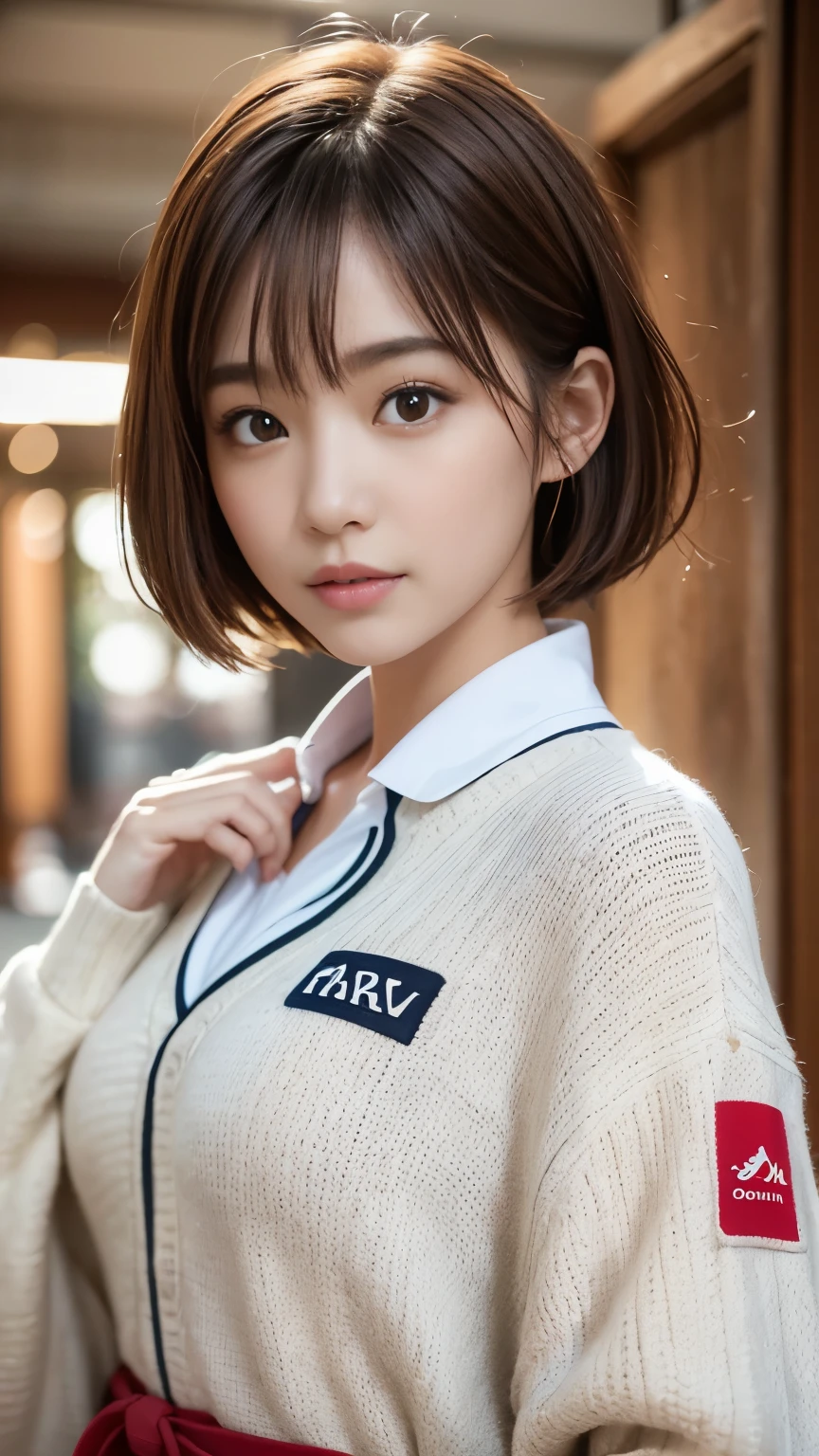  cute 21-year-old Japanese 、 Super Detailed Face 、 pay attention to details 、 double eyelids in judo uniforms、 beautiful thin noses、 Sharp Focus:1.2、 beautiful women:1.4、( light brown hair, Shorthair、),Pure white skin、 top quality 、masterpiece、 super high res、( Photorealistic:1.4)、Light from outside、Laughter、Pay attention to Pinaphore 、corridor、Cute Winter Clothes、