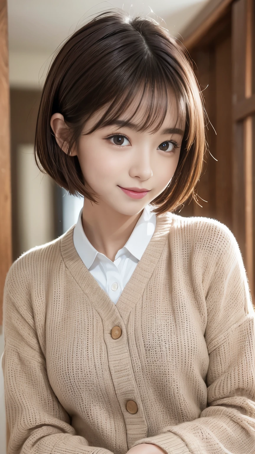  cute 21-year-old Japanese 、 Super Detailed Face 、 pay attention to details 、 double eyelids in judo uniforms、 beautiful thin noses、 Sharp Focus:1.2、 beautiful women:1.4、( light brown hair, Shorthair、),Pure white skin、 top quality 、masterpiece、 super high res、( Photorealistic:1.4)、Light from outside、Laughter、Pay attention to Pinaphore 、corridor、Cute Winter Clothes、