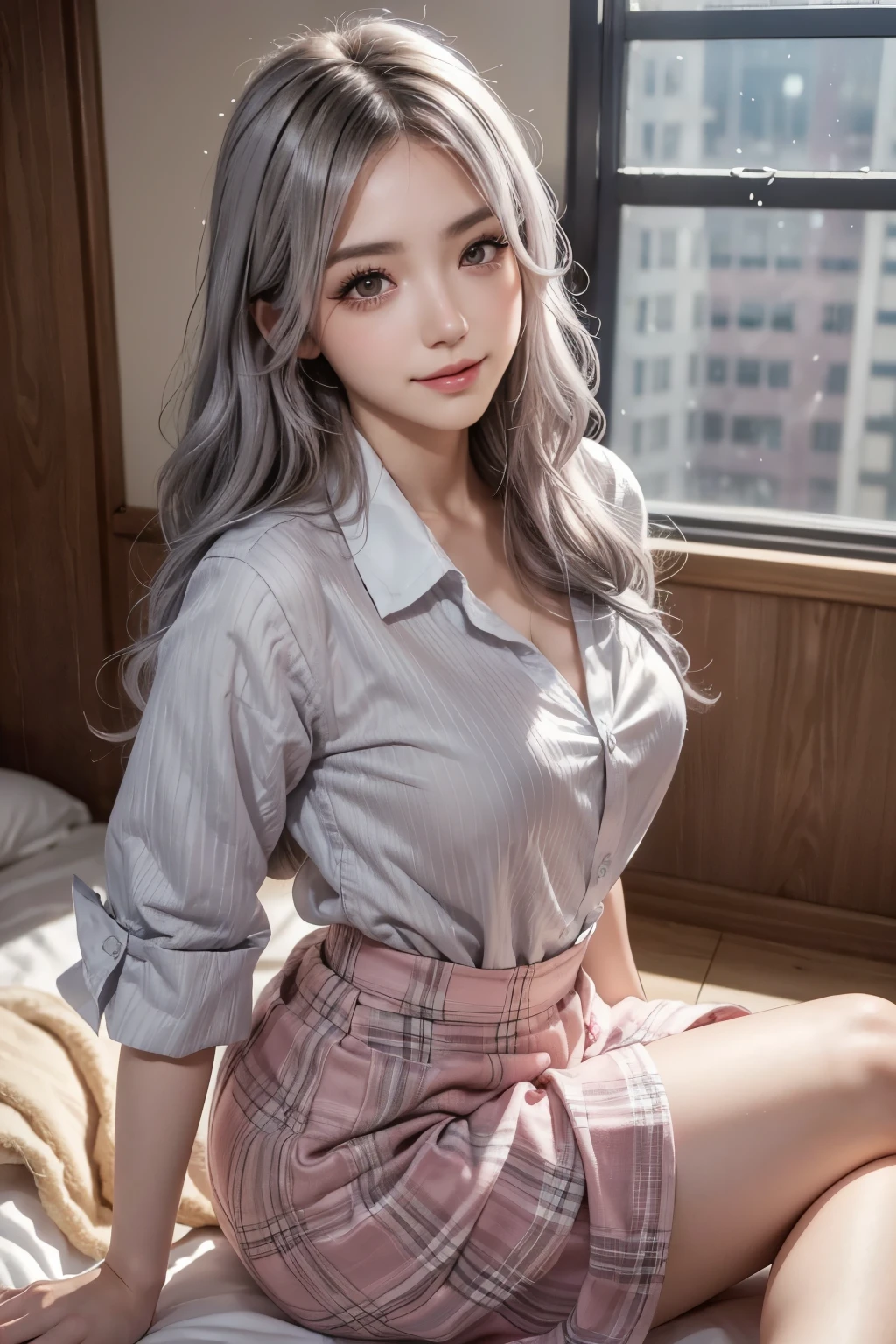 (Masterpiece), (High quality), (8K resolution), (RAW photo), (Best quality), (Masterpiece:1.5), (Realistic:1.5), ((photograph realistic)), Realistic details of clothes,vibrant detail, Ultra photo realsisim,1girll, (Cute:1.2), Beautiful, High quality and detailed face, Perfect face, (Gray hair and light pink hair:1.4), rosycheeks, Detailed eyes, (Blue eyes),Colorful eyes,(Watery eyes),NSFW, , Slender body, view the viewer, Closed mouth, Real human skin, Shiny skin, mid-breast, ((school uniform)), Sitting, Bed,