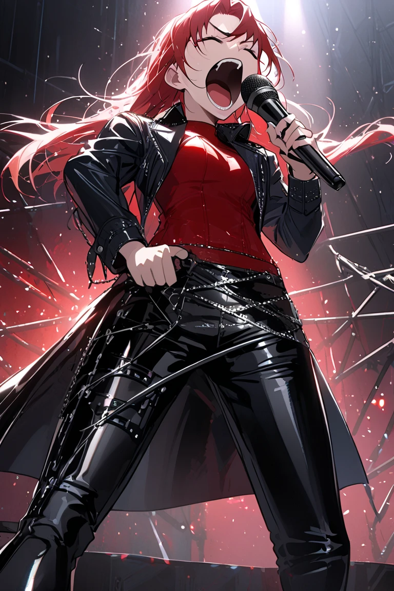 Singing,metal music,music,concert music,boy,denim black jacket,red croptop,thigh black latex pants,high heels boots,grabbing microphone,holding microphone,closed eyes,singing screaming,