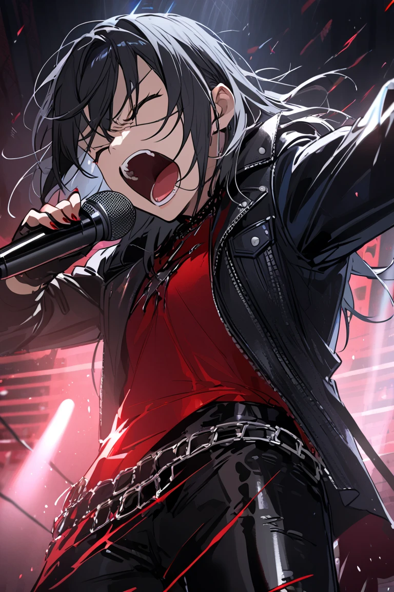 Singing,metal music,music,concert music,boy,denim black jacket,red croptop,thigh black latex pants,high heels boots,grabbing microphone,holding microphone,closed eyes,singing screaming,