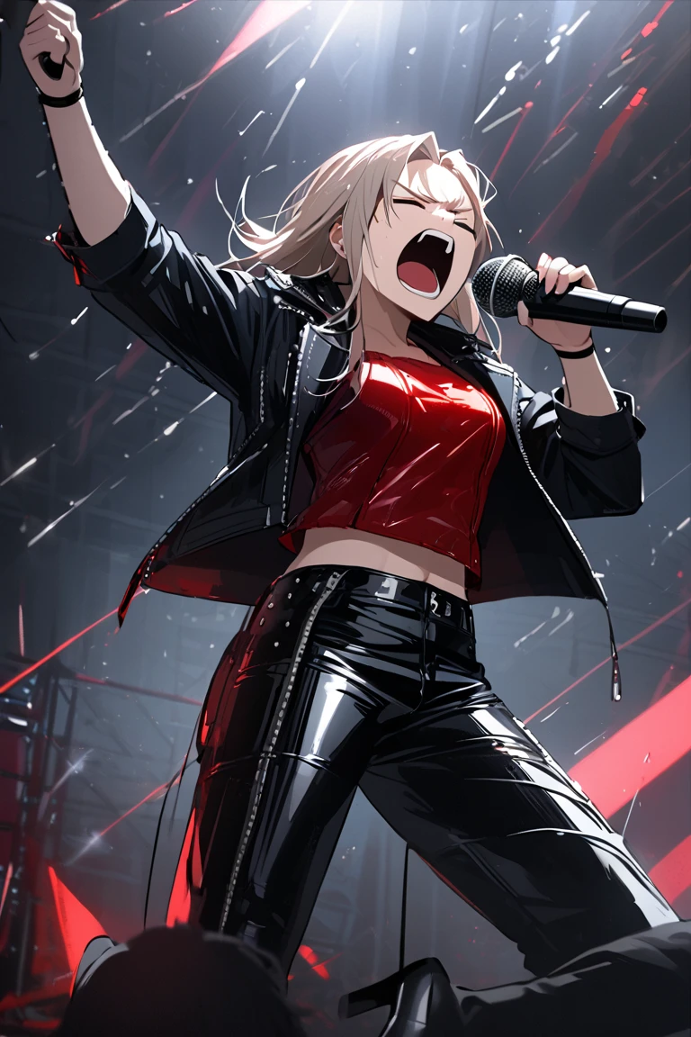 Singing,metal music,music,concert music,boy,denim black jacket,red croptop,thigh black latex pants,high heels boots,grabbing microphone,holding microphone,closed eyes,singing screaming,