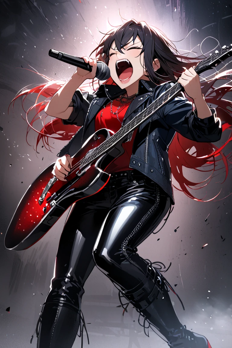 Singing,metal music,music,concert music,boy,denim black jacket,red croptop,thigh black latex pants,high heels boots,grabbing microphone,holding microphone,closed eyes,singing screaming,