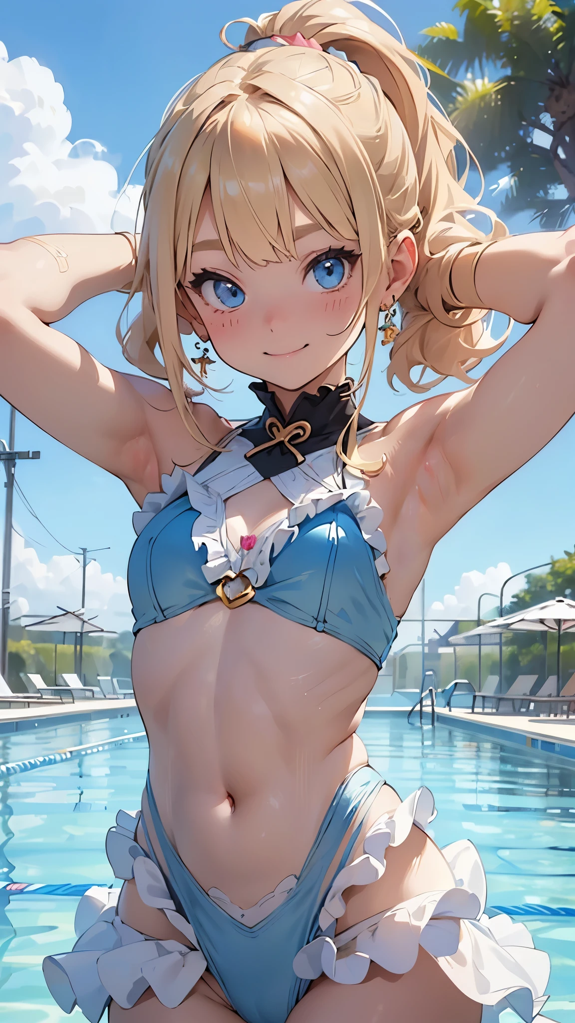 (masterpiece, best quality,:1.2)1girl,solo,blond hair,ponytail,hair between eyes,cleavage,blue eyes,light smile,looking at viewer,bikini,shorts,denim,navel,swimsuit,leaning forward,upper body,dynamic pose,beach