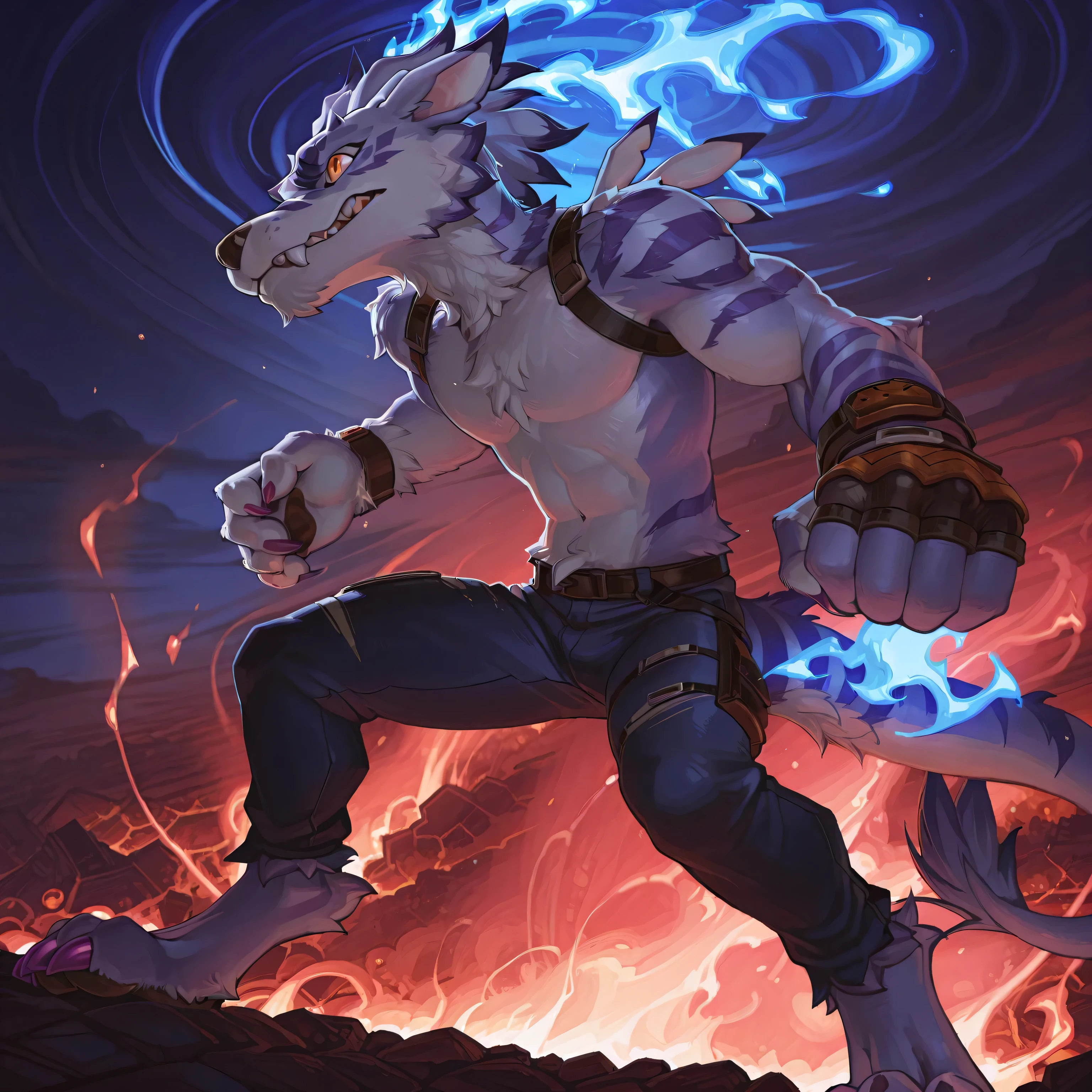 [char1="solo. anthro wolf, male, tonic, perfect were_garurumon, were_garurumon:1.5, purple claws, spike's_ knuckles, jeans, bare chest, fangs:1.4, were_garurumon's colors:1.5, white chest fur, perfect fur's texture,"][upper_cut=" one arm straight up, closed hands, fists, digitigrade, paws_feet, garurumon's tail"], char1 in upper_cut pose, dynamic, flat colors, professional illustration, drammatic shot, extreme angle, from above shot:1.5, by pixelsketcher:0.3, blue flames, tornado of blue flames:1.5, digital island background, more flames, perfect prospective,sdxl, masterpiece, breathtaking, inner's power effect:1.4