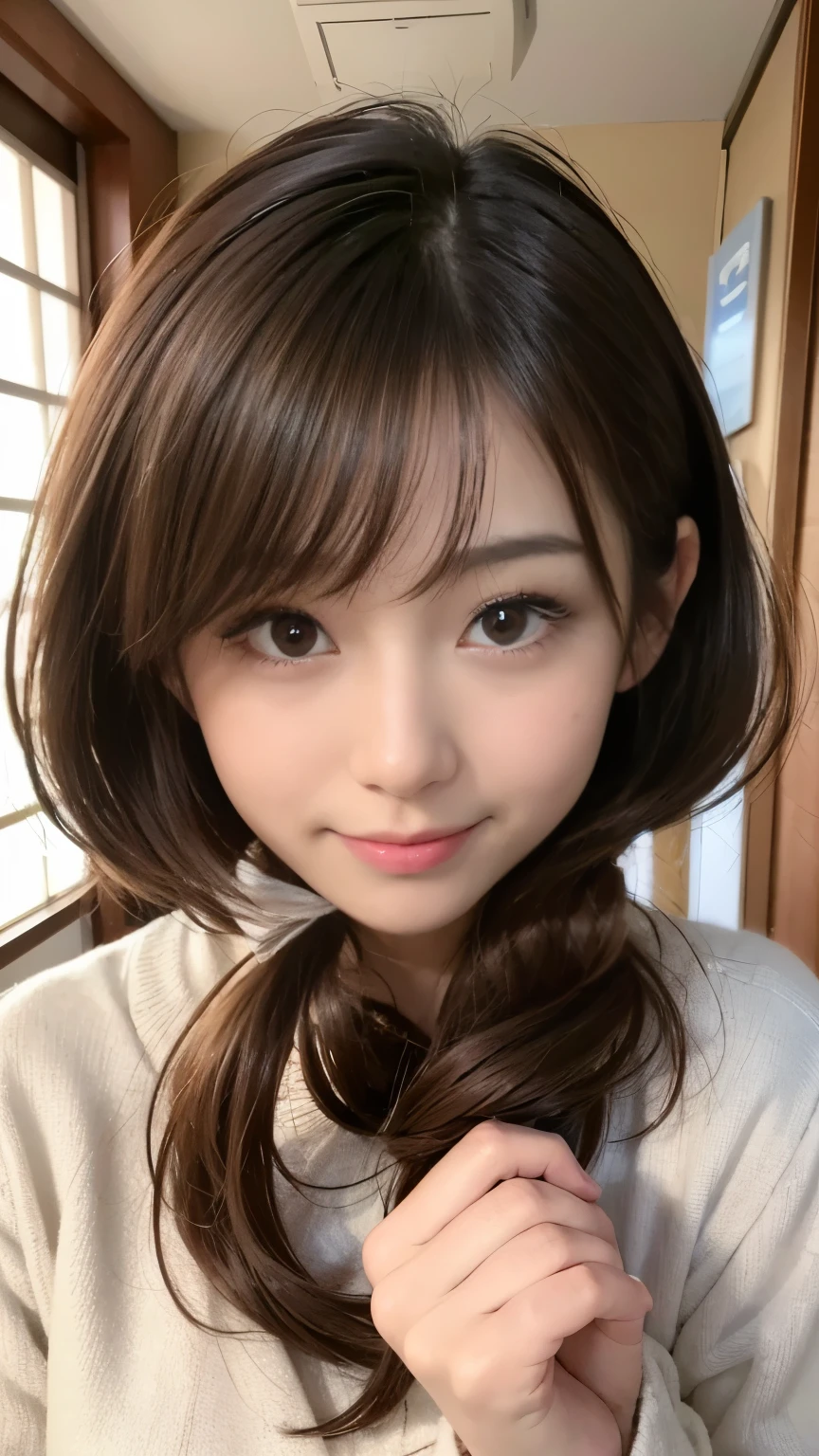  cute 21-year-old Japanese 、 Super Detailed Face 、 pay attention to details 、 double eyelids in judo uniforms、 beautiful thin noses、 Sharp Focus:1.2、 beautiful women:1.4、( light brown hair, Shorthair、),Pure white skin、 top quality 、masterpiece、 super high res、( Photorealistic:1.4)、Light from outside、Laughter、Pay attention to Pinaphore 、corridor、Cute Winter Clothes、