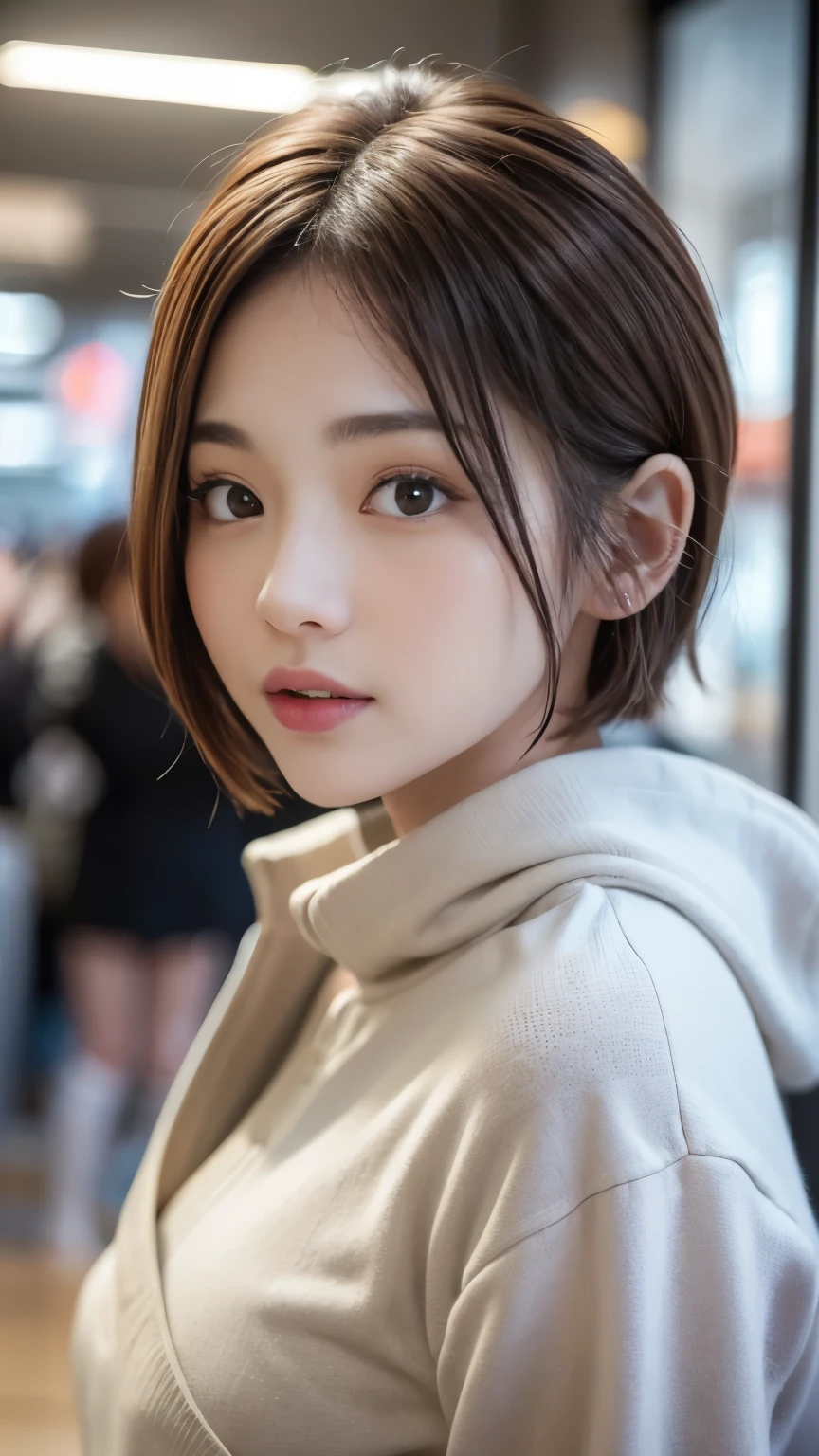  cute 21-year-old Japanese 、 Super Detailed Face 、 pay attention to details 、 double eyelids in judo uniforms、 beautiful thin noses、 Sharp Focus:1.2、 beautiful women:1.4、( light brown hair, Shorthair、),Pure white skin、 top quality 、masterpiece、 super high res、( Photorealistic:1.4)、Light from outside、Laughter、Pay attention to Pinaphore 、corridor、Cute Winter Clothes、