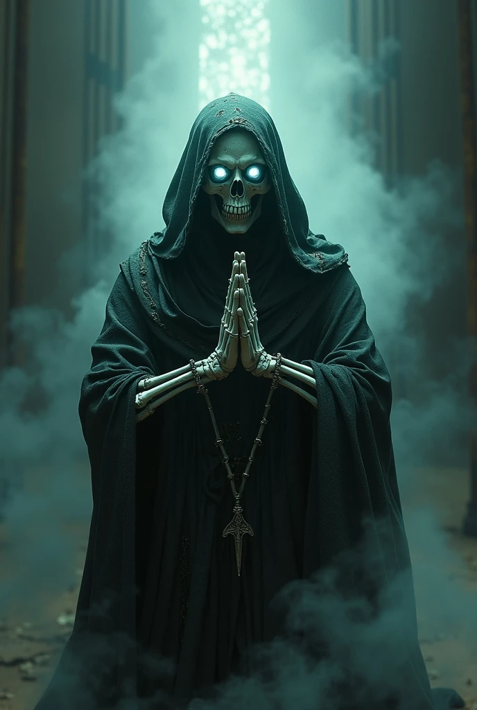 Skeleton holding hands in prayer, wearing a cult-like robe, with a chain on one hand. Medium close-up, black tone, dark background, aspect ratio 1.:1