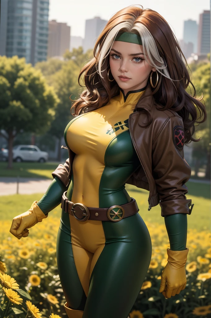 (masterpiece:1.0), (best_quality:1.2), (dark shot:1.3), Rogue from X-Men, 1 girl, Only 1, cowboy shot, looking to the side, candid, medium length hair, auburn hair, wavy hair, messy hair, one lock of white hair, green eyes, headband, jacket, gloves, belt, boots, sultry look, sexy smirk, fit figure, medium breasts, lipstick, makeup, light source from above, (realism: 1.5), (Realistic: 1.4), (Absurdity:1.4), 8k, ultra-detailed, Detailed Beautiful Woman, very physically fit girl, standing in a mansion conservatory, bright sunlight, arched windows, colorful plants, official art, extremely detailed CG unity 8k wallpaper, perfect lighting, Colorful, ultra high res, photography, 8K, HDR, Kodak portra 400, film grain, blurry background, (bokeh:1.2), (vibrant_color:1.2), film grain:1.2, (warm hue, warm tone:1.2), (color photo), professional photograph