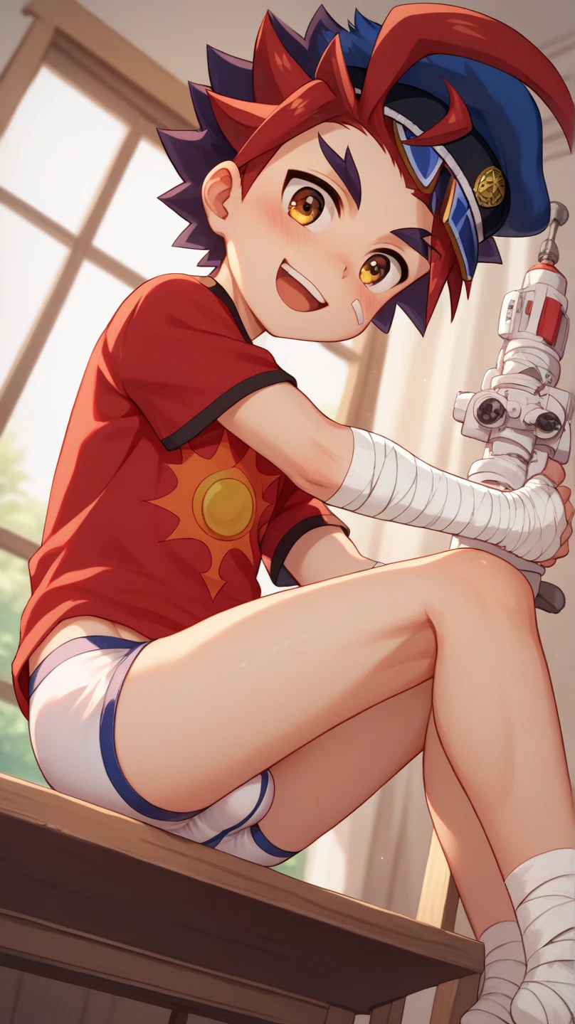   Masterpiece , High Quality , , cute ,,shotacon , young, , Age Regression, Shota,cute boy , Stationary , , perfect opaque , Perfect texture , Perfect sewing, , boys,gao mikado, peaked cap, , red t-shirt, bandaged arm,,blushed, , smiling and looking flirtatiously, He has transparent , big white briefs, you have your legs open, Then the lump and the ass are separated. He has a big bulge in his big white briefs, solo,Slim body, bedroom,sexy pose,sitting,shy,Open Mouth, From Below, Dutch Angle, 