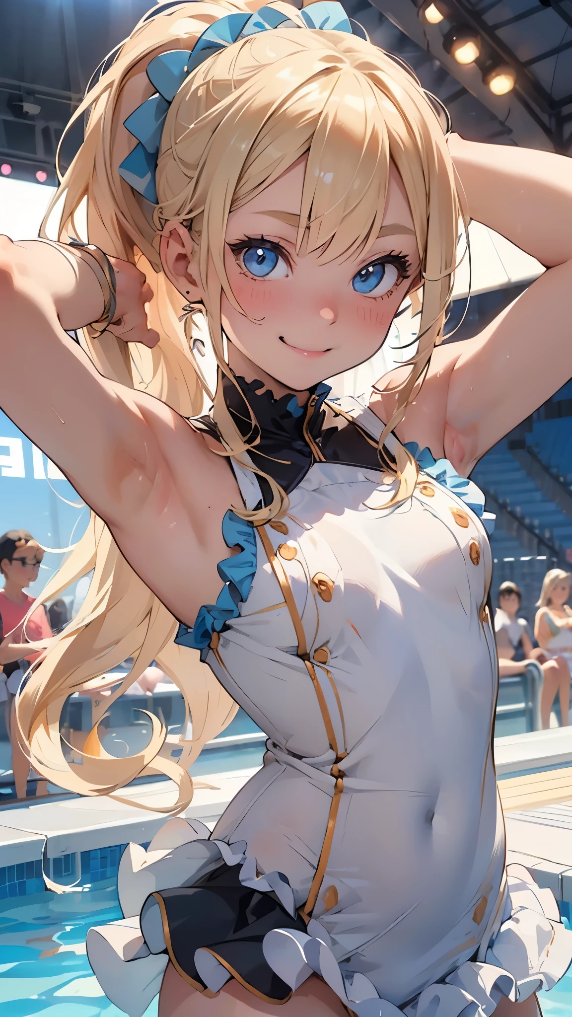 nsfw, (perfect anatomy, balanced proportions, extremely cute illustration:1.1), poolside, blond hair, blue eyes, wavy long hair, ponytail, hairstyle with the bangs cut in half, arms behind head, armpits, (embarrassed, smiling), (detailed gorgeous colorful idol costume with a lot of frills), baby face, (cute round face),