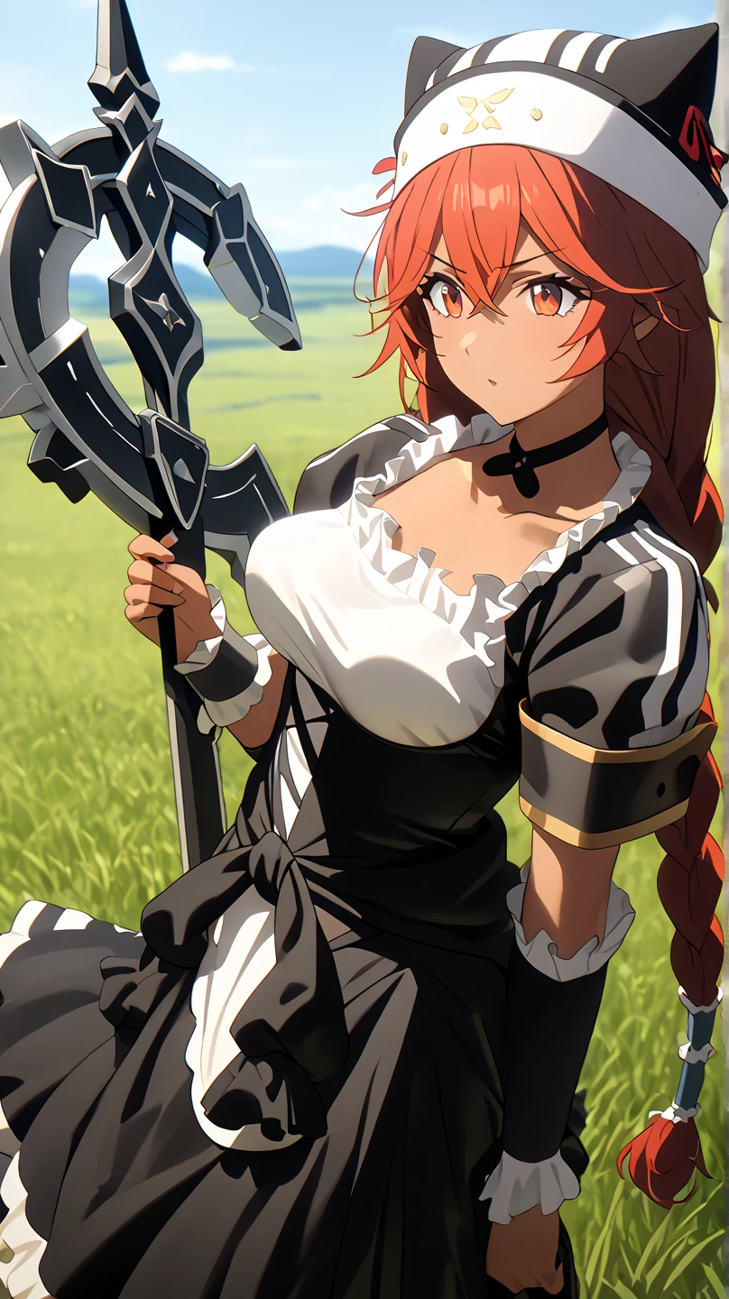  8K ultra HD,  High Quality ,  film grain,  FUJIFILM XT3、最 High Quality , masterpiece,  high res, anime picture ,two-dimensional
red eyes,  red hair,  braids,,  wearing a black beast ear hat, big weapon( battle axe carrying)A weapon like a , One girl , solo, Dark Skin, brown skin, adult woman, Beautiful Women,Beauty, sadist,Model body type
midnight,grassland
,  black maid clothes, short sleeve/gauntlet,  white knee-high ,  choker , black long skirt, hands behind hips , close-up, look, Medium build,accurate,  High Details,  retina,,  won numerous awards,  high angle, close your mouth,  slightly larger breasts