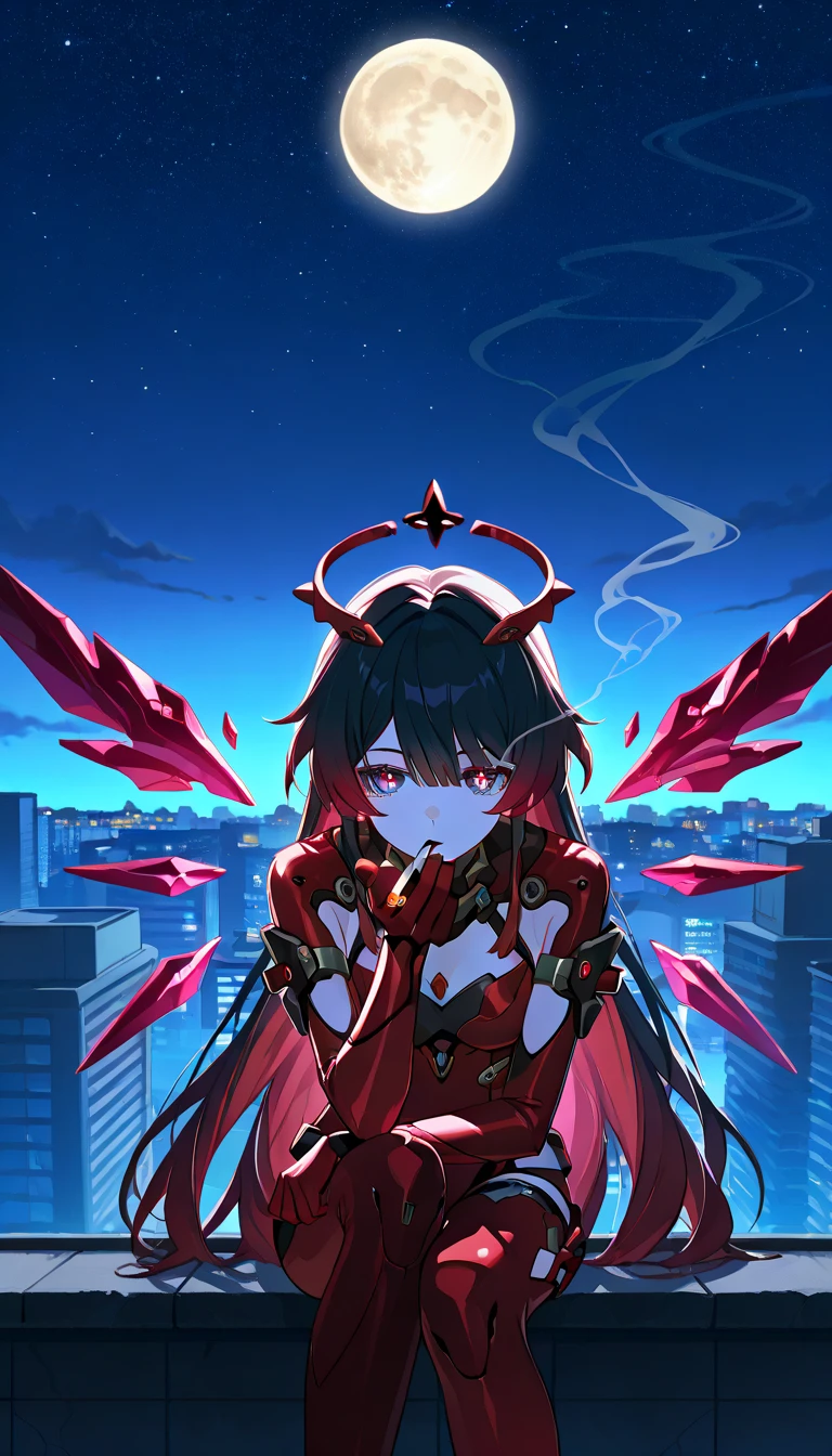 Honkai Impact, Black hair on the outside, Red hair on the inside, long hair, red eyes, red pupils, 1girl, Honkai battlesuit, rooftop, alone, full moon, starry sky, nagazora ruins, rooftop, sitting, energy wings, smoking cigarette, cityscape, , smoking, holding cigarette, smoke,beautiful eyes, crystal eyes, gradient eyes, detailed eyes, smoking, smoke coming out of the mouth, smoking, holding cigarette, smoke,blowing smoke, 