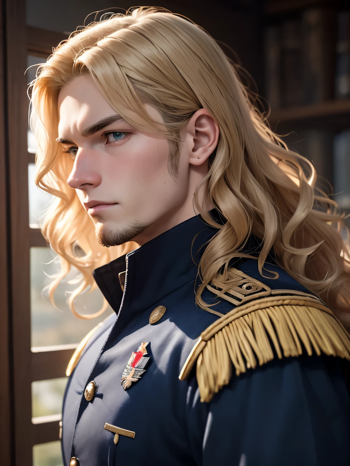 male, late 30s, (blond, shoulder-length, middle-parted wavy hair), light-purple, deep-set, Sanpaku eyes, blond chin-curtain beard, aquiline and hooked nose, slightly underbite, chiseled, slightly long face, fearless expression, strong and dependable body, navy blue military uniform, portrait