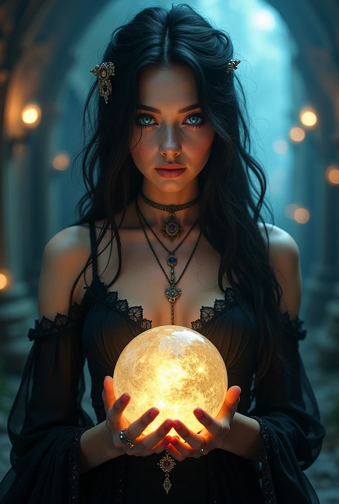 Stunning ultra-realistic in 8K resolution depicting a modern glamorous mysterious woman with black straight long hair, brown eyes, long nails, holding a large magical crystal ball. She is surrounded by many tarot cards, laid out on a dark table and casting an eerie glow. The modern atmosphere is shrouded in darkness, and there is enough light to highlight the woman's intricate costume and the mysterious objects around her. The overall effect is one of mystery, depth and a touch of magic, creating an unforgettable visual experience, photography.
