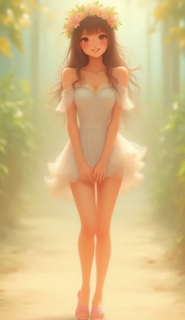 Full shot,(photorealistic:2), a girl of 18 years old dazzlingly beautiful stands against the backdrop of a picturesque landscape in the rainforest, the face is oval European Slav, the eyes are bright cornflower color, the eyelashes are long and fluffy, the eyebrows are dark arched, the nose is neat, the lips are medium a little plump, the face is detailed, the body is graceful and graceful with white skin, ultra short dress made of transparent organza with a deep neckline and neckline, Plautje shines through, small breasts and swollen are visible, elegant crystal shoes on the feet, a crystal tiara on the head, a precious turquoise necklace around the neck, a top resolution photo, ultra clear details, the back light draws an outline around the silhouette of a girl, the filling light is soft, it illuminates the face and figure well, the color of the photo is cinematic, (photo as in the art gallery, photo style like William Martenson: 2) ... --auto --s2