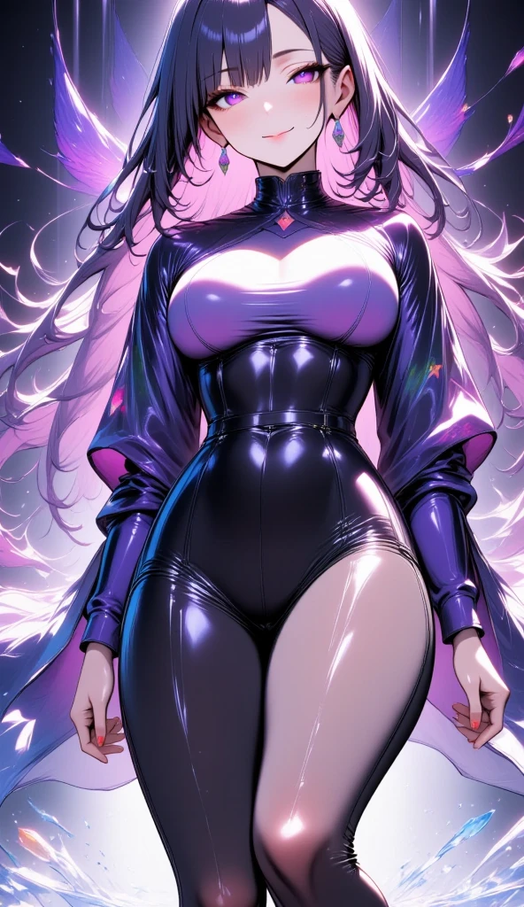  1 mature beautiful woman ,(masterpiece:1.3, top quality :1.3, very detailed depiction:1.3, incredible high resolution:1.3,High quality anime drawings),(The Enchanting Thief:1.3),( catsuit:1.5, bodystocking ,latex),(Glowing purple eyes, half-closed eyes:1.3, Crazy Eyes , big breasts, bewitching smile,Glossy lips, flashy makeup, eyeshadow,Seductive gestures,Beautiful legs, healthy legs,Curvaceous Body,High quality skin),Full body images:2.0,