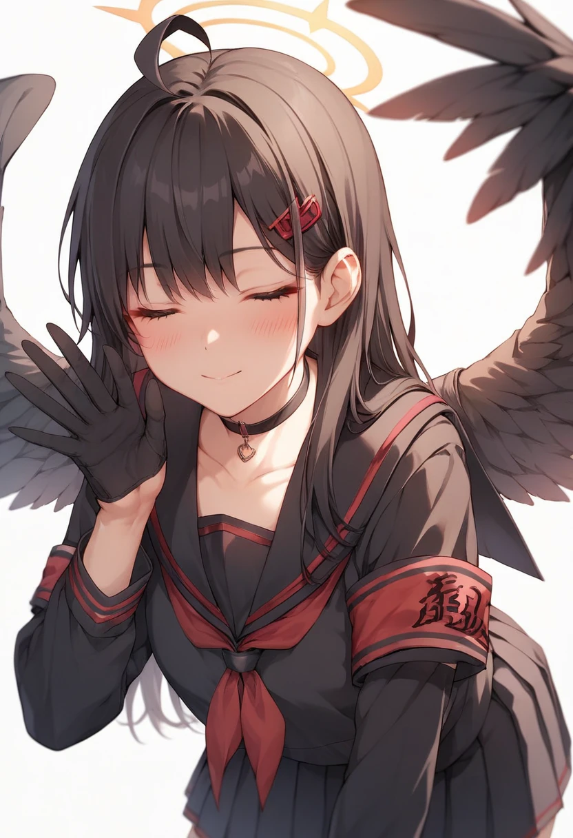 blowjob,ichika ba, black choker, serafuku, solo, ahoge, pleated skirt, gloves, black shirt, wings, blush, red neckerchief, black gloves, armband, low wings, school uniform, neckerchief, halo, long sleeves, long hair, choker, black hair, hair ornament, black sailor collar, 1girl, black skirt, black serafuku, skirt, closed eyes, black wings, sailor collar, hairclip,1 girl, inviting , (leaning forward, waving at viewer), upper body,