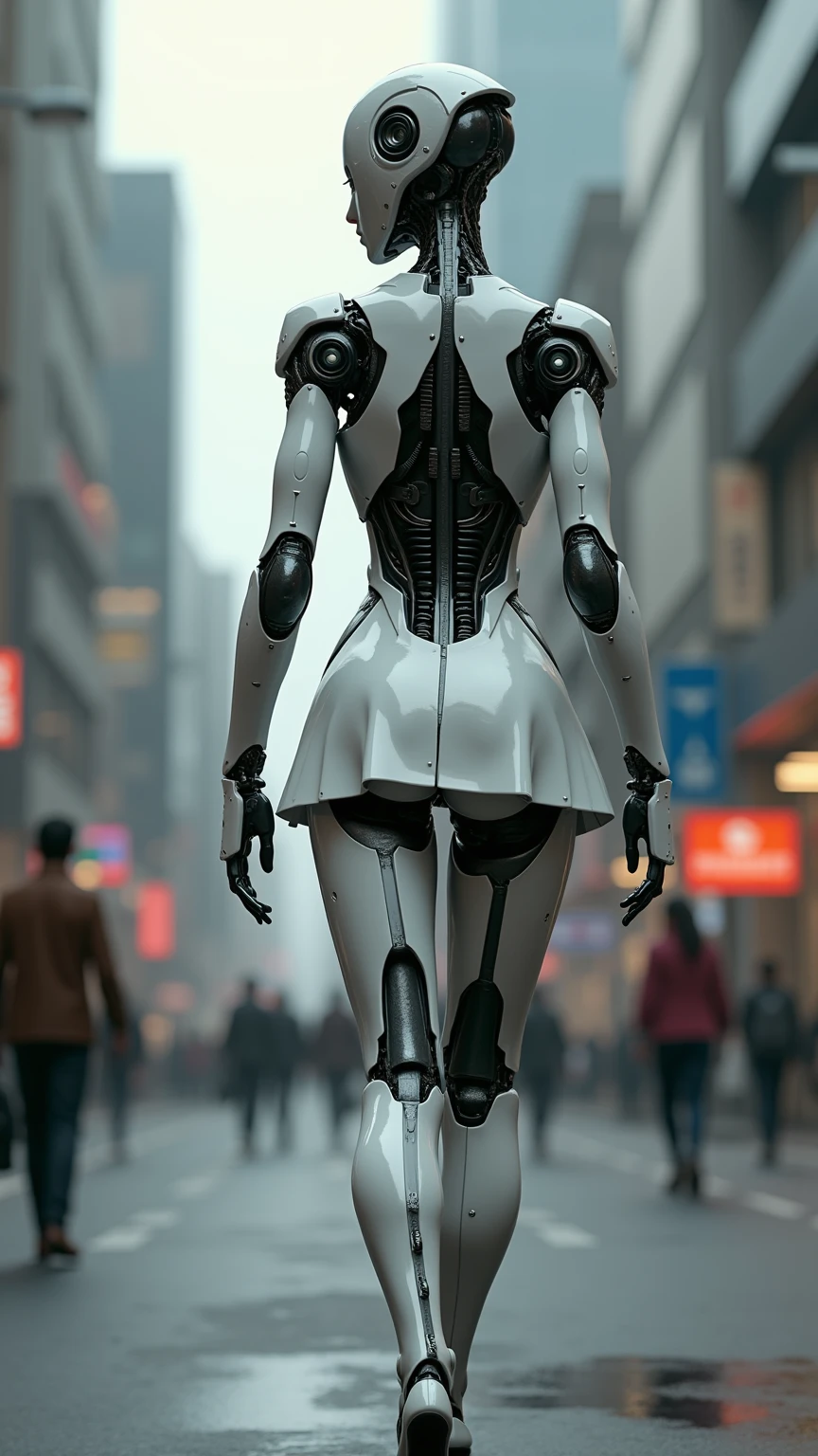 Woman's cyborg walking down the street in a crowd of people in the big city, defile show, high quality, best quality, absurdres, masterpiece, beautiful, intricate details, 1/2 body crop, slim body, beautiful figure, magnificent anatomy, (intricate details:1.12), HDR, (intricate details, hyper-detailing:1.15), (natural skin textures, hyper realisitc, soft light, Sharp:1.2)