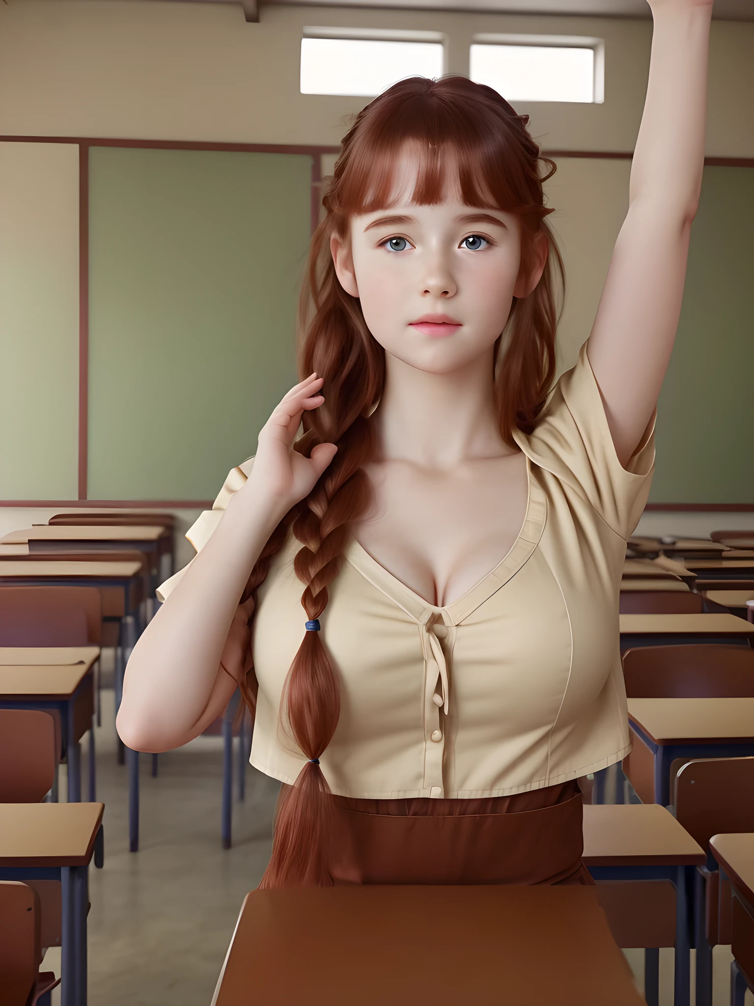 (best quality,4k,8k,highres,masterpiece:1.2),ultra-detailed,(realistic,photorealistic,photo-realistic:1.37), ((girl in classroom raising hand, shy, pale skin)), ((very large bust size for her young age)), braided red hair