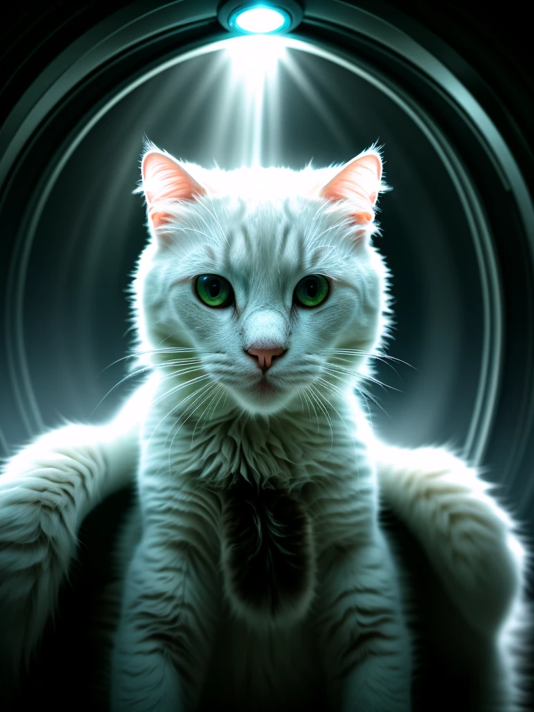 A close-up portrait of a white cat in a parallel universe, hyper detailed, cinematic, dramatic lighting, intricate sci-fi environment, neon lights, floating islands, alien architecture, glowing crystals, volumetric fog, futuristic, highly detailed, photorealistic, 8k, masterpiece, award winning, cinematic composition, dramatic angles, mood lighting, epic scale, sense of wonder, awe-inspiring