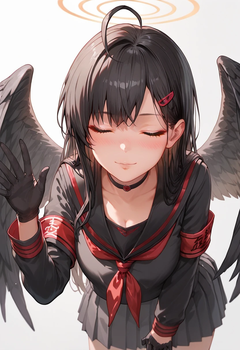 blowjob,ichika ba, black choker, serafuku, solo, ahoge, pleated skirt, gloves, black shirt, wings, blush, red neckerchief, black gloves, armband, low wings, school uniform, neckerchief, halo, long sleeves, long hair, choker, black hair, hair ornament, black sailor collar, 1girl, black skirt, black serafuku, skirt, closed eyes, black wings, sailor collar, hairclip,1 girl, inviting , (leaning forward, waving at viewer), upper body,