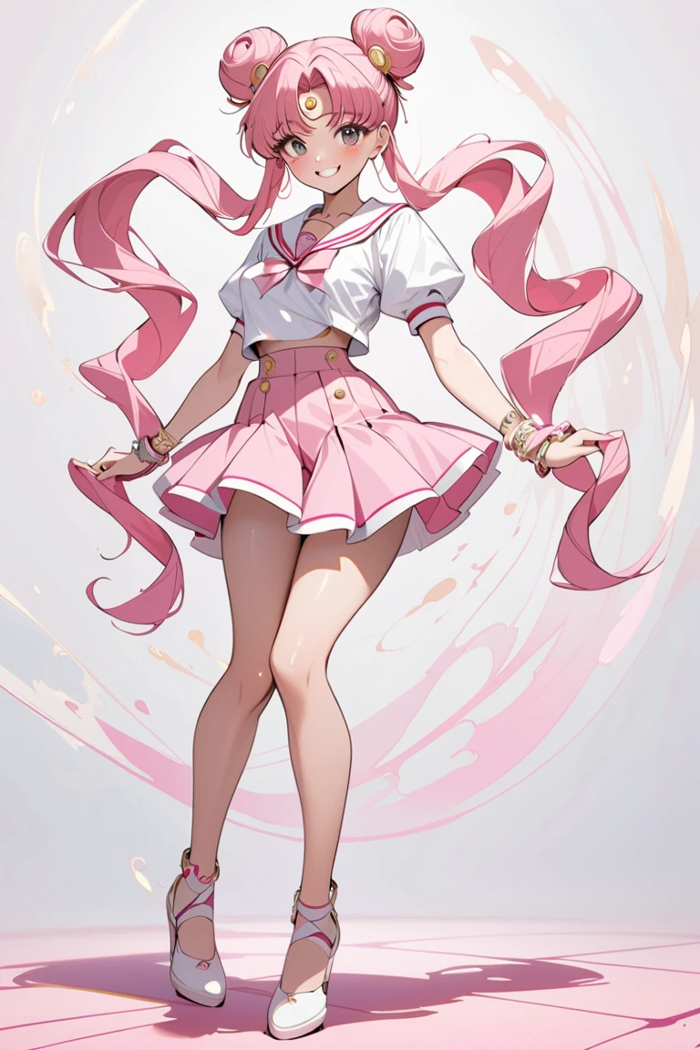 animal Girl, super long hair, curly hair, dull hair, full bangs, shy, hands on the back, big eyes, pink eyes, jumpsuit, sailor suit, leggings, halter dress, manga style, neon lights, glasses, gloves, tall, slightly chubby, full body, short socks