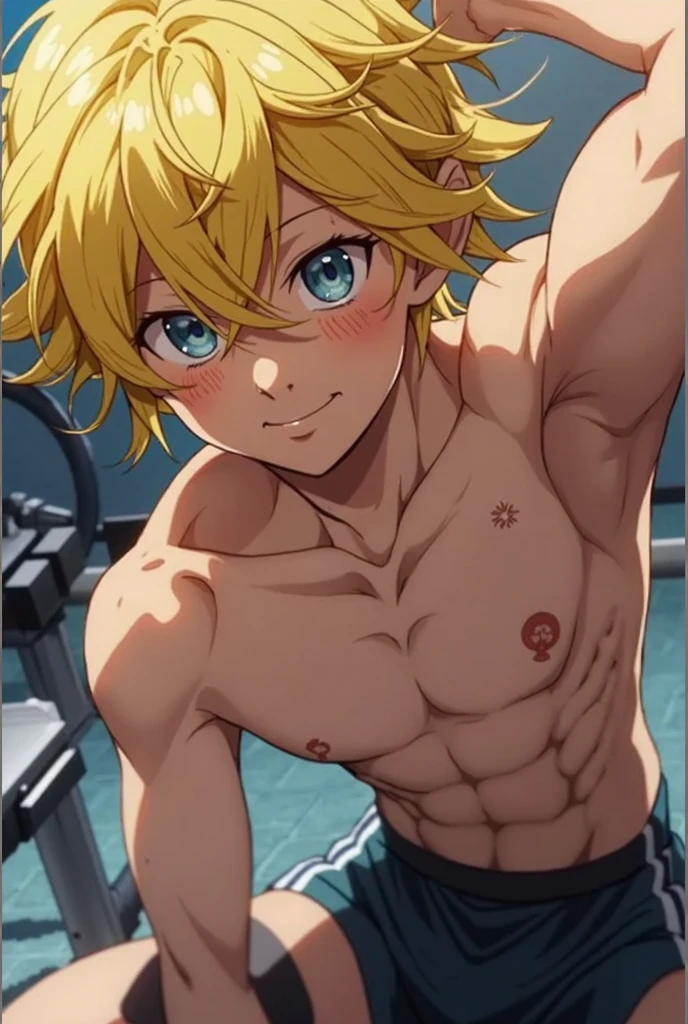 masterpiece, best quality, high quality, 1boy, solo, male focus, looking at viewer, upper body, nobimaru, yellow eye, yellow hair, slim body, short body, (shirtless, topless, bare chest), armpit, (show his armpit), sweat