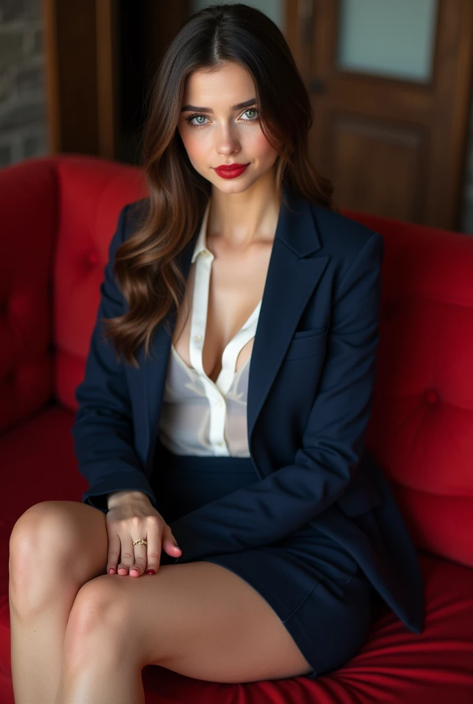 a 16 year old face of the most beautiful actress in the world, the perfect body proportions of a female, blazer is firmly worn on formal shirt which is covering the whole upper body of a female, sitting on a sofa with spread the legs in the living room, the female vagina which is naked is clearly seen, detailed genitalia of the female lower body, both two hands of a female are put off the crotch, nsfw, best quality, highly detailed, masterpiece, ultra high res, photo realistic, 8k, detailed lower body of a female, just upper body is in clothes