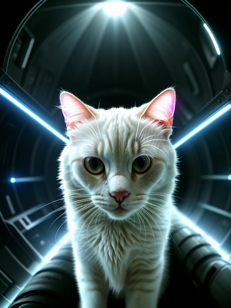 A close-up portrait of a white cat in a parallel universe, hyper detailed, cinematic, dramatic lighting, intricate sci-fi environment, neon lights, floating islands, alien architecture, glowing crystals, volumetric fog, futuristic, highly detailed, photorealistic, 8k, masterpiece, award winning, cinematic composition, dramatic angles, mood lighting, epic scale, sense of wonder, awe-inspiring