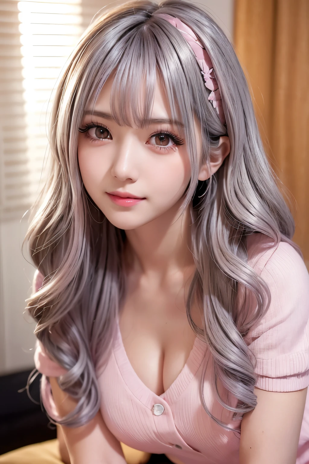 masterpiece, 8k, photo realistic ,  realistic , 非常に  Details,  super high res, ///1 person,  most beautiful, 20 years old , ( sexy,  Japanese idol with long eyelashes), (Gray Hair:1.2),///  Human Details Shiny Skin ,  Detailsな肌 , Beautifully  Details face, RAW photo, ( top quality ,  Details:1.3), top quality , (非常に  Detailsな), ハイパー  Details, (繊細で  Detailsな), (複雑な  Details), (Cinematic Light,  top quality  Backlights), Clear lines,  soft Light,  mysterious in another dimension, Magic Looking ,  soft, ( face best quality),  curly hair  、 slender ,  Candid Impressions of Girls , Firm and shapely breasts,  beautiful skin,  cleavage when lying down, whole body,  perfect body,,, Particles of light,  cute face,  Japanese high school girls , ,  upper body photo, She narrowed her eyes、 looks at me while smiling shyly , 美しく Detailsな目の絵, (Droopy eyes:1.3),  dark eyes,  thin eyebrows, Draw eyelashes carefully,  gal makeup, (pink silver wavy hair,  medium hair up to buttocks, Middle Part  :1.3), ( hidden eyelid crease slightly to the side:1.3), Wearing a clean white button-up shirt.,  short pleated skirt with grey plaid, Angle taken from below,  school classroom