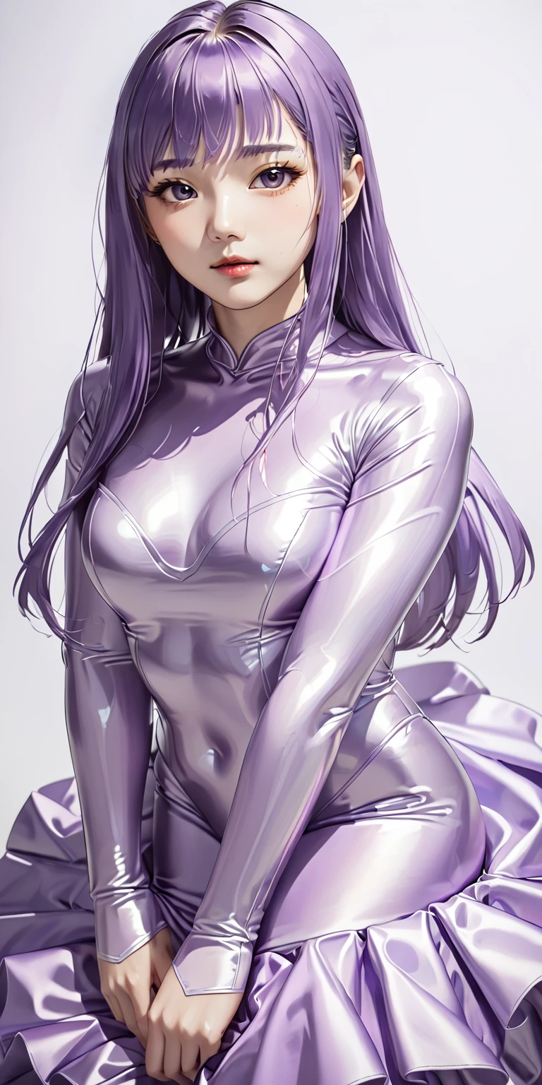 Portraiture、(masterpiece,Highest quality,Ultra-high resolution),Japanese women, (((Very beautiful 25 year old girl))),She is wearing a shiny light purple satin ミニスカート dress.、The dress has a simple design without any patterns..、The skirt is mermaid style、((Satin bodysuit))