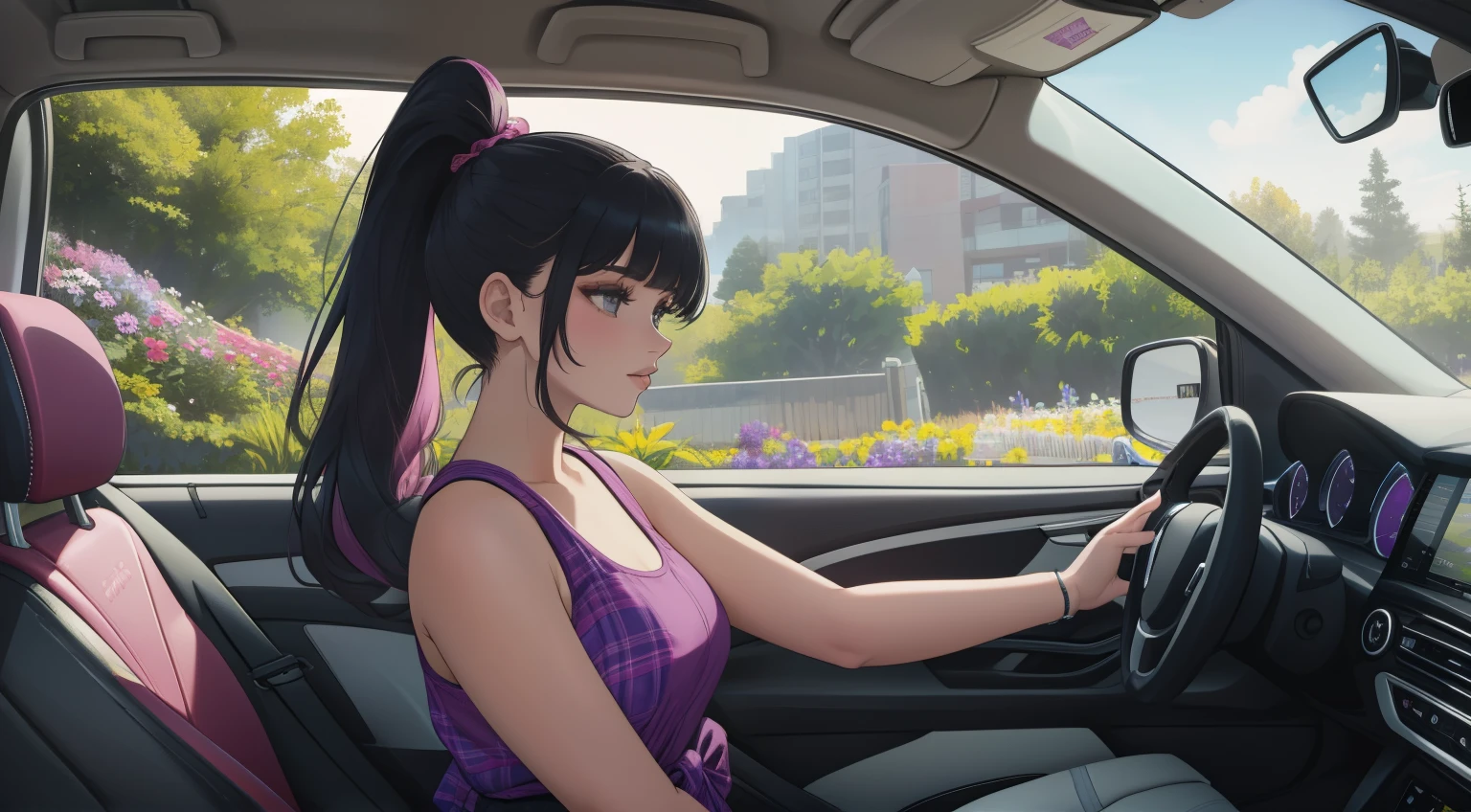 "A scenic view from inside a car as it drives through a breathtaking flower garden. The focus is on a woman with dark green ombre hair tied up in a sleek ponytail, soft bangs framing her face, as she confidently grips the steering wheel. She is wearing a pink tank top, long denim jeans, and a plaid flannel shirt tied casually around her waist. Through the open side window, vibrant flower fields in shades of pink, purple, yellow, and white stretch out endlessly, interspersed with lush green trees under a bright blue sky. Sunlight filters into the car, casting a warm glow on her face and the dashboard, blending the sense of motion, freedom, and the enchanting beauty of the garden outside."