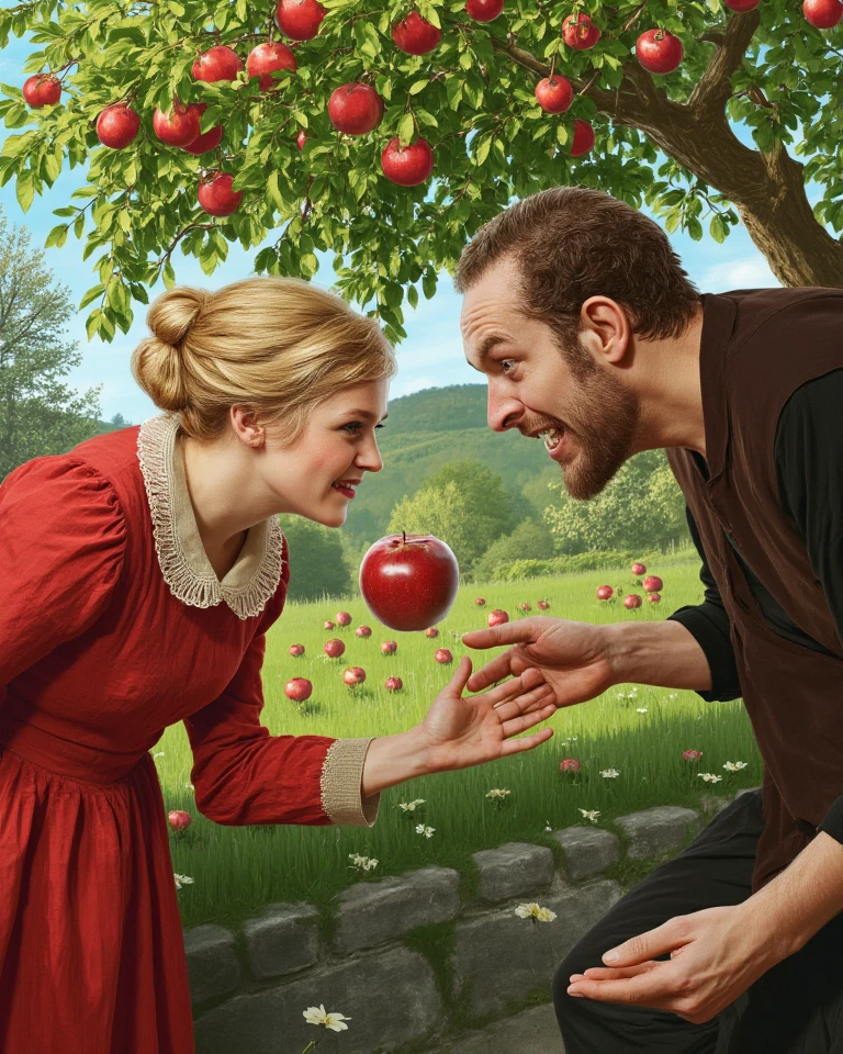 A satire surreal cinematic picture of a Mischievous Queen Grimhilda offers a red apple to a Renaissance Mad Scientist near the apple tree on Beautiful Spring Day, detailed face, detailed devious expressions, masterpiece professional hyper realistic illustration with Don Lawrence style, best quality, high quality