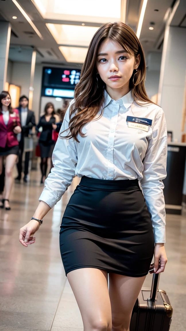 A beautiful, 24-year-old Japanese woman with perfect anatomy, healthy thighs, beautiful legs, beautiful skin, random hair color and style, large breasts, (wearing a flight attendant uniform with a mini-skirt:1.3), (she is standing:1.2), full body shot, pumps, carrying a suitcase, at the airport, (best quality,4k,8k,highres,masterpiece:1.3),(extremely detailed:1.2),realistic,photorealistic,photo-realistic:1.37,professional,vivid colors, studio lighting, Kana Kurashina