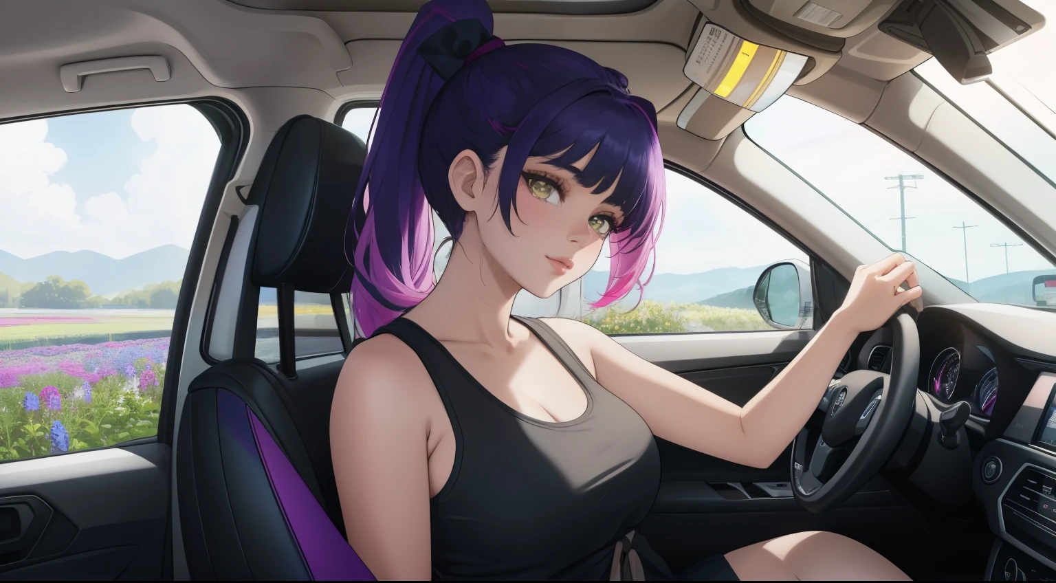 "A scenic view from outside a car, looking through the open side window at a young woman driving through a breathtaking flower garden. The camera captures her dark green ombre hair tied up in a sleek ponytail, with soft bangs framing her focused yet relaxed face. She is wearing a pink tank top, long denim jeans, and a plaid flannel shirt tied casually around her waist. The open window frames her as well as glimpses of the car’s interior, while the vibrant flower fields in shades of pink, purple, yellow, and white stretch out in the background. Sunlight filters through, illuminating her and the colorful garden beyond, creating a perfect blend of motion, serenity, and natural beauty."